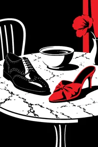A ceramic bowl of water on a marble table next to a man's polished wingtip shoe and a lady's pink satin slipper, a mismatched pair.