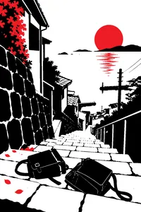 A steep stone staircase in a seaside Japanese hill town, with two school satchels tumbled at the bottom.