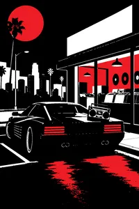A black sports car parked crookedly outside a Los Angeles record store at night, a boom box on its hood, red taillights glowing.