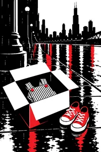 A cardboard toy box lying open on a rainy Chicago sidewalk, with a tiny pair of striped overalls folded inside and red sneakers beside it.