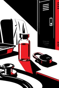 A glass vial of glowing green liquid on a surgeon's desk next to a high school locker padlock.