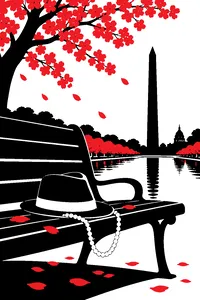 A pearl necklace and a 1960s fedora resting on a park bench under cherry blossoms in Washington, D.C.