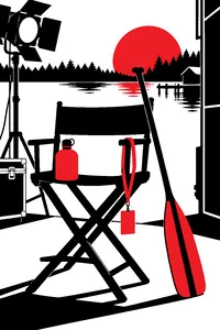 A director's chair on a studio backlot holding a canteen and a summer camp lanyard, a canoe paddle leaning against it.