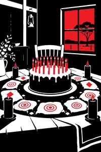A birthday cake with nineteen lit candles on a table in a dim Australian farmhouse, surrounded by stone circle carvings and black candles.