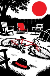 A ten-speed bicycle crashed into a backyard meditation circle of lawn chairs, a fedora lying in the grass.