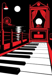 A boardwalk fortune-teller cabinet glowing in the dark, an oversized floor piano keyboard stretching out in front of it.