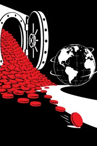 A mountain of gold coins spilling out of a vault door, a lone gold coin rolling toward a spinning globe.