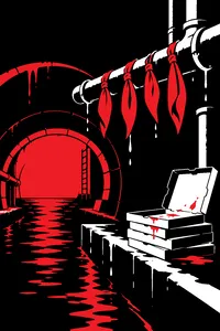 A dripping sewer tunnel lit green, four colored bandanas hanging on a pipe beside a stack of open pizza boxes.