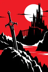 A jagged stone fortress on a distant planet under a red sky, an ornate sword with a glowing red eye stone stuck in the rocks.
