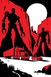 A red semi-truck and a yellow compact car parked in a desert canyon, their shadows on the rock shaped like giant robots.