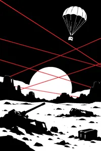 A desert battlefield crisscrossed with red and blue laser beams, a parachute drifting down, not a single hit.
