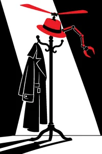 A trench coat and grey hat on a coat rack, a helicopter propeller and an extending mechanical arm sprouting from the hat.