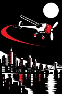 A tiny propeller airplane built from a hairpin, a spoon and a soda bottle cap, flying over a city skyline at night.
