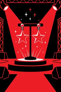 A pair of glowing pink star-shaped earrings on a concert stage under purple lights, a holographic projector beaming sparkles.