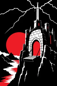 A skull-shaped castle on a cliff with a drawbridge open, a gleaming broadsword raised above it into lightning.