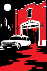 A red brick firehouse at night with a white vintage ambulance-style car parked out front, green slime dripping from the doorway.