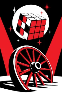 A scrambled colorful puzzle cube floating in midair above a stagecoach wheel, sparkles around it, one face nearly solved.