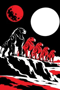 Five metal robot lions in black, red, green, blue and yellow, lined up on a rocky alien plain under two moons.