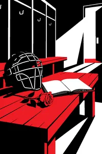 A wooden locker-room bench with a catcher's mask, a single red rose and a well-thumbed poetry book on it.