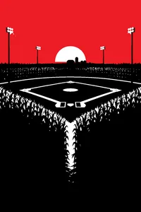 A small lit baseball diamond carved out of a tall Iowa cornfield at dusk, the stalks glowing at the edge of the outfield.