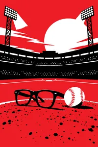 A pair of thick black-rimmed glasses resting on a pitcher's mound beside a scuffed baseball, stadium lights blazing.