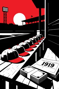 Eight old-fashioned wool baseball caps lined up on a bench beside a stack of banknotes and a 1919 newspaper.