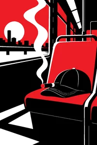 A smoldering cigar resting on the brim of a dusty baseball cap on a sun-bleached bus seat.