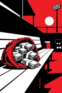 A baseball glove overflowing with stacks of cash on an empty bullpen bench.