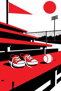 A small boy's sneakers on a bleacher seat next to a pennant-shaped shadow and a single baseball under bright day light.