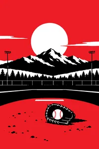 A child's baseball glove and ball left on an empty Little League mound with mountains in the distance.