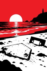 A worn home plate on a beach at sunset, a VHS tape half-buried in the sand beside it.