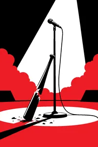 A cracked bat lying across a microphone stand on an empty stage.