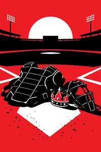 An umpire's chest protector and mask lying on home plate beside a small royal crown.