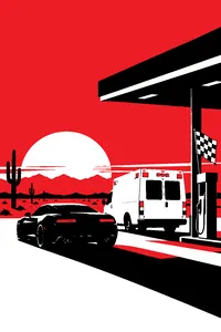 A black sports car and a fake ambulance parked side by side at a desert gas station at dawn, a checkered flag tied to the pump.