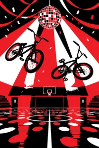 Two BMX bikes mid-trick on a glittering school-gym dance floor under a disco ball, streamers hanging from the rafters.