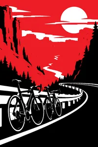 Two road racing bicycles leaning against a guardrail on a winding Colorado mountain pass, red rock canyons behind them.