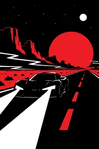 A sleek black futuristic sports car with glowing headlights on an empty desert highway at night, heat shimmer rising.