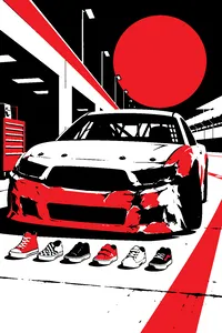 A dented stock car in a dusty pit lane with six small mismatched sneakers lined up along its bumper.