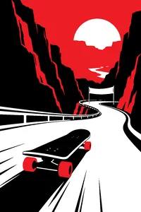 A lone skateboard bombing down a steep, winding canyon road toward a distant finish banner.