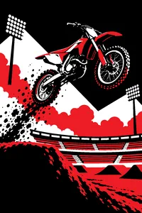 A dirt bike airborne over a supercross jump, mud spraying from the rear wheel, stadium lights behind.
