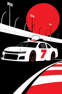 A white stock car numbered 7 parked alone on a banked oval track, a cowboy hat on its roof.