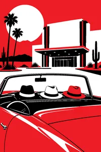 Three fedoras on the dashboard of a gold convertible parked outside a desert casino.