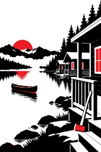 A row of empty wooden cabins by a misty lake at dawn, a single canoe floating offshore and an axe leaning against a porch rail.