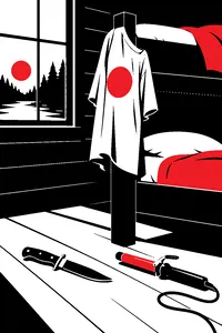 A sun-faded camp T-shirt hanging on a bunk bed post beside a hunting knife and a curling iron on a cabin floor.