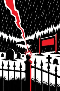 A lightning bolt striking an iron fence post in a rainy cemetery, a camp sign repainted with fresh green paint in the background.