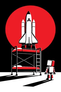 A small space shuttle model on a launch pad made of camp bunk beds, a toy robot standing guard beside it.