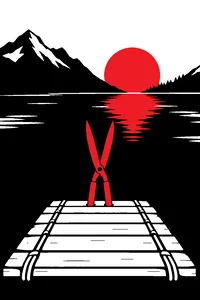 A pair of rusty garden shears stuck upright in the bow of an empty wooden raft drifting on a still lake.
