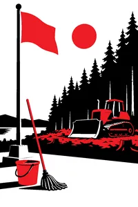 A janitor's mop and bucket beside a camp flagpole, a mining bulldozer parked ominously at the edge of the woods.