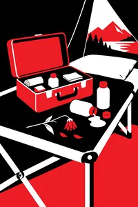 A camp nurse's first aid kit open on a cot, spilling bottles of calamine lotion and a single wilted wildflower.