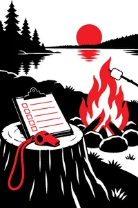 A camp counselor's whistle and clipboard of demerits on a stump beside a lit campfire and a marshmallow stick.